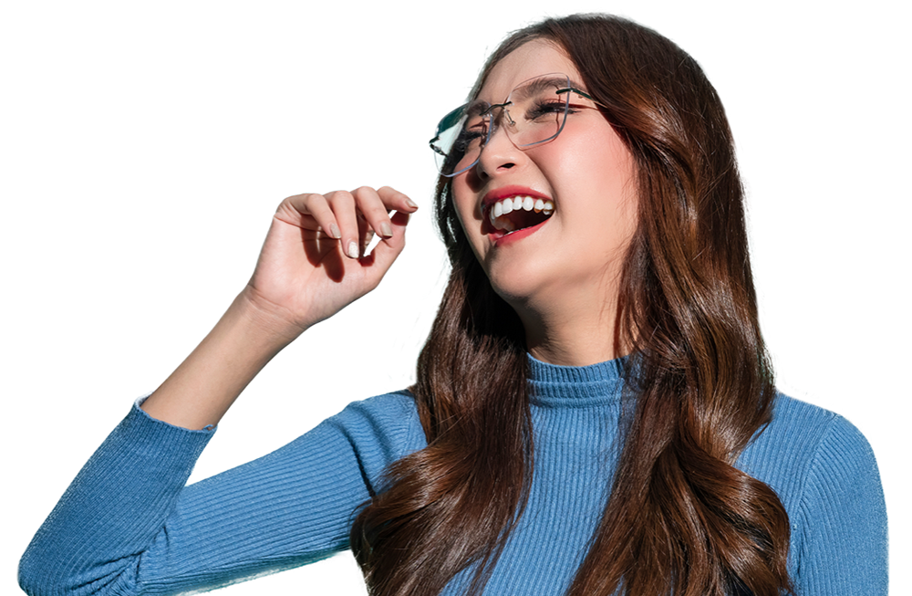 Smiling woman wearing blue shirt and glasses