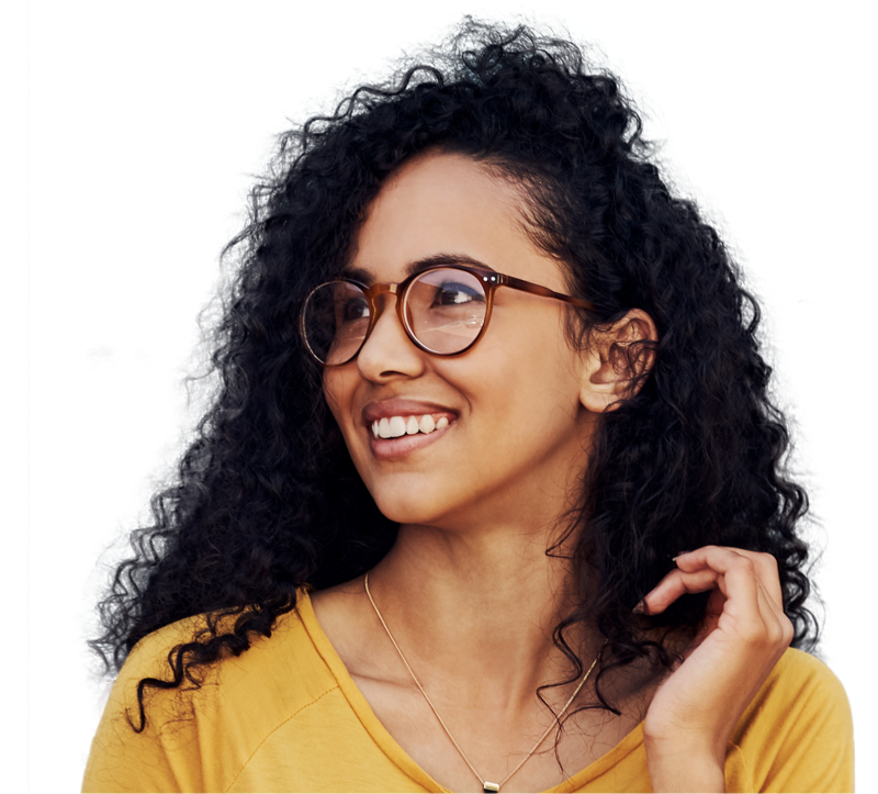 Smiling woman wearing yellow shirt and glasses