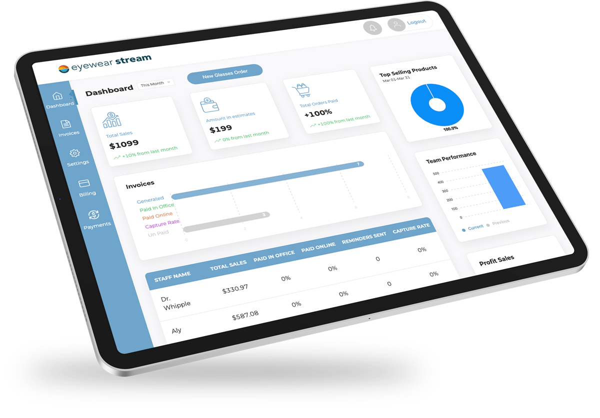 Eyewear Stream app on tablet device