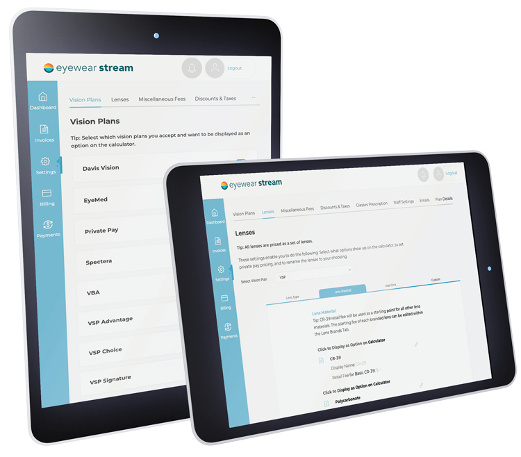 Eyewear Stream app on tablet device