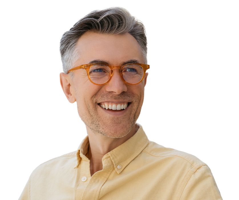 Smiling man wearing yellow shirt and orange glasses